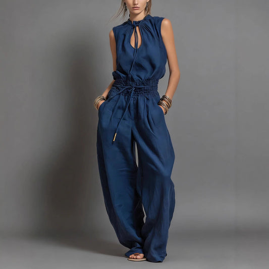 Personalized Street-style Loose-fitting Sleeveless Waist-cinching Wide-leg Jumpsuit 