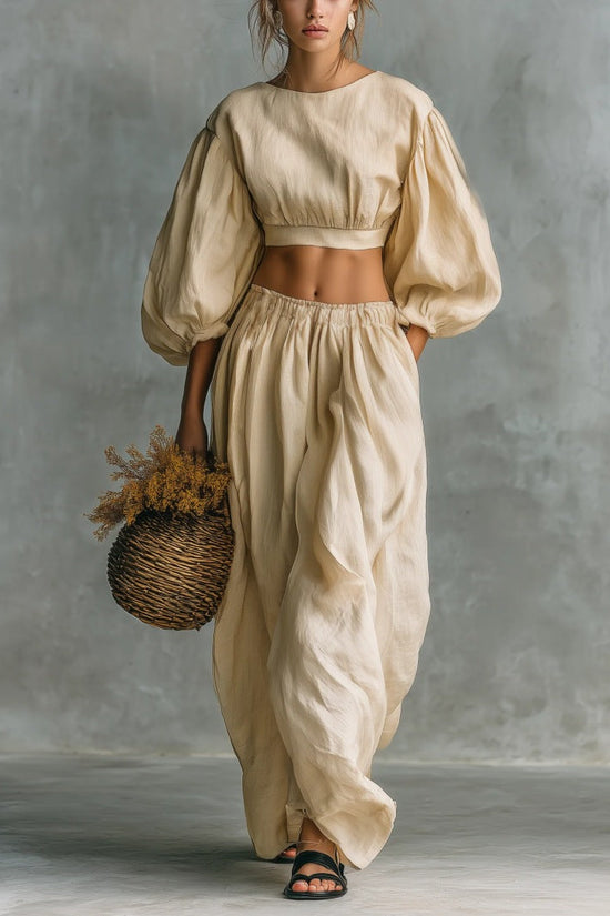 Crew-neck Puffed-sleeve Pocketed Pants Casual Womens Set 