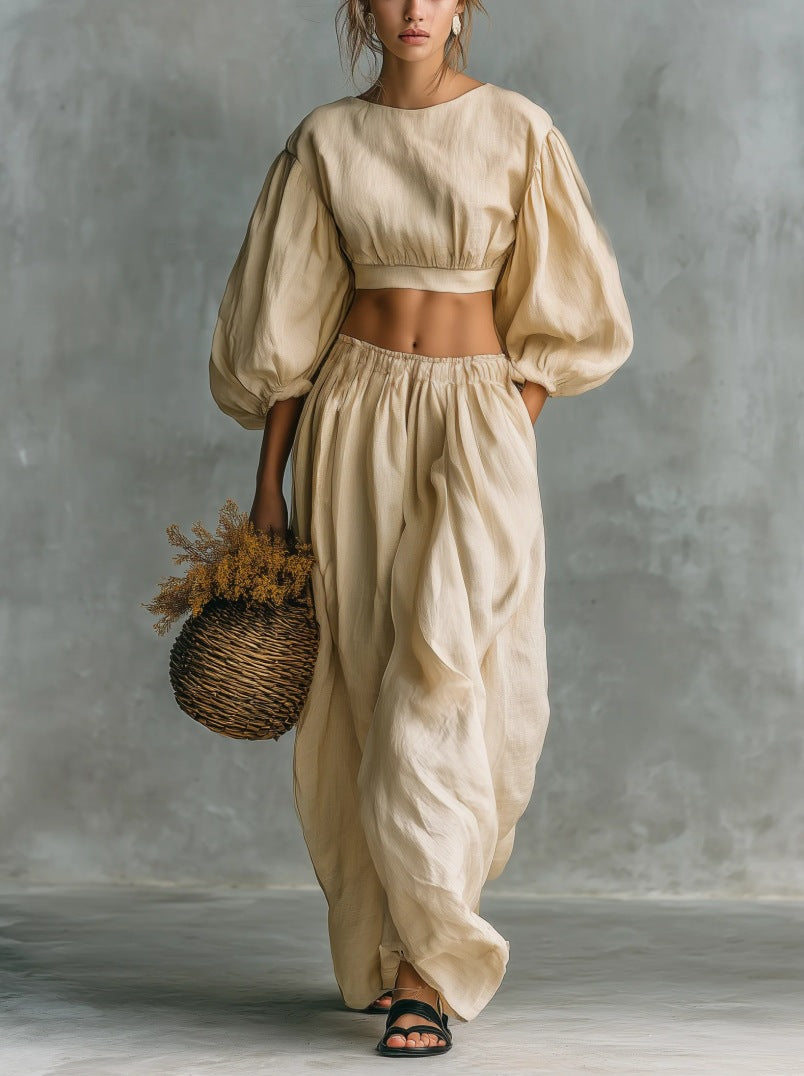Crew-neck Puffed-sleeve Pocketed Pants Casual Womens Set 