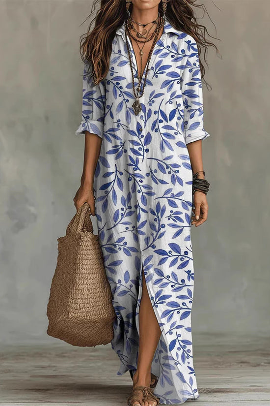 Casual Lapel-Neck Long Digital-Print Womens Shirt Dress 