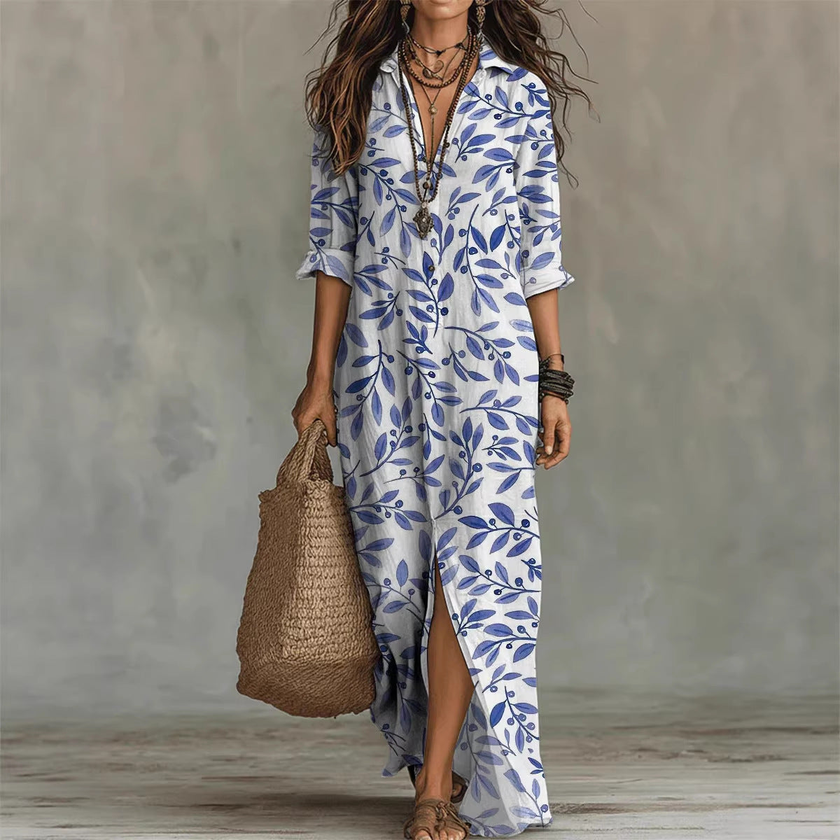 Casual Lapel-Neck Long Digital-Print Womens Shirt Dress 