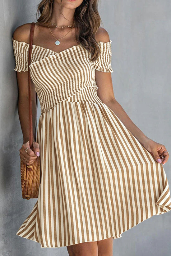 Off-the-shoulder Striped Waist-cinching Dress European And American Style 