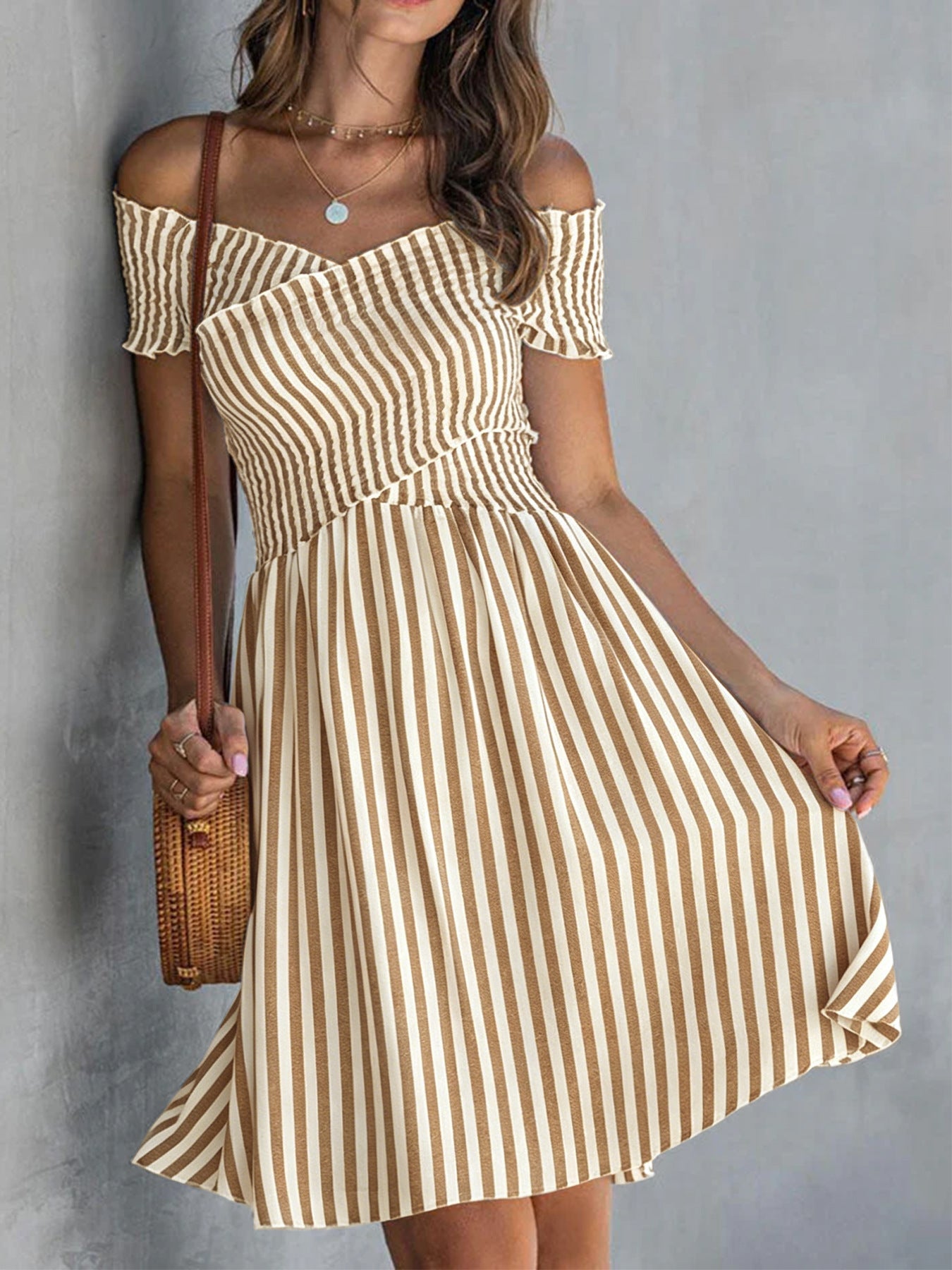 Off-the-shoulder Striped Waist-cinching Dress European And American Style 