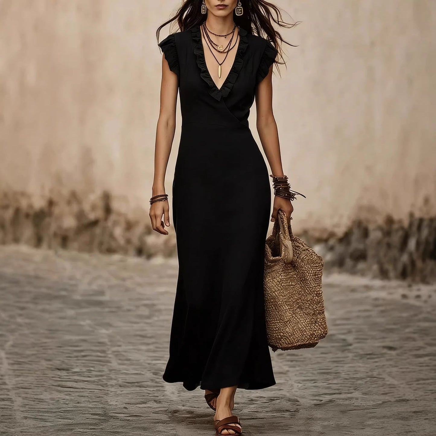 V-neck Cotton-Linen Flutter Sleeve Ruffle-trimmed Midi Dress For Women 
