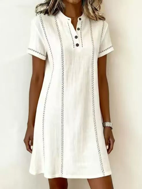 Loose-fitting Casual Printed Button-up Stand-collar Dress 