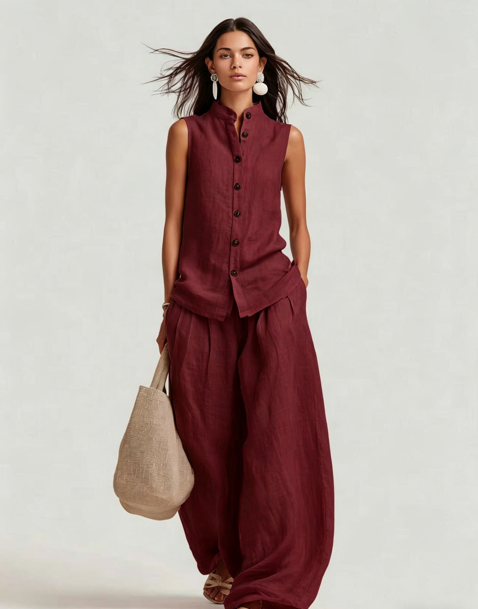 Stand-up Collar Sleeveless Shirt And High-waisted Wide-leg Pants Set 