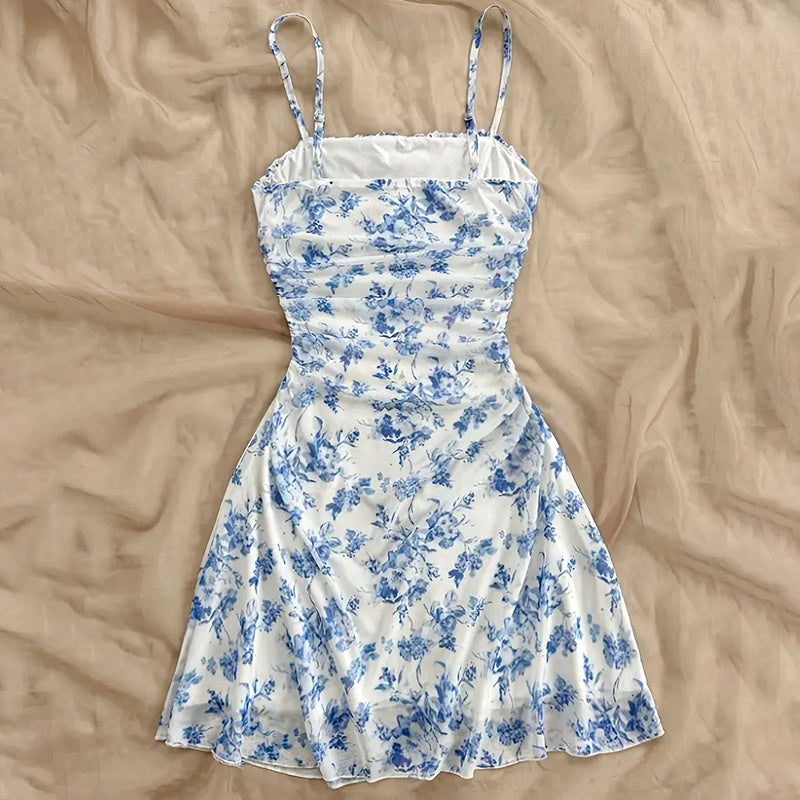 Boho Floral Spaghetti Strap Mini Dress – Ruched Ruffle Hem Vacation Sundress CJ