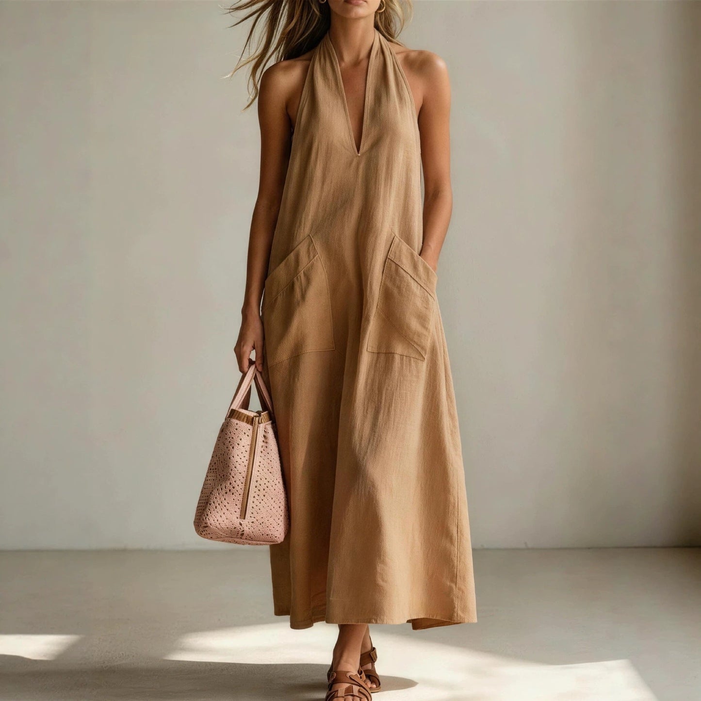 Cotton Halterneck Sleeveless Deep V-Neck Loose Straight-Line Dress 