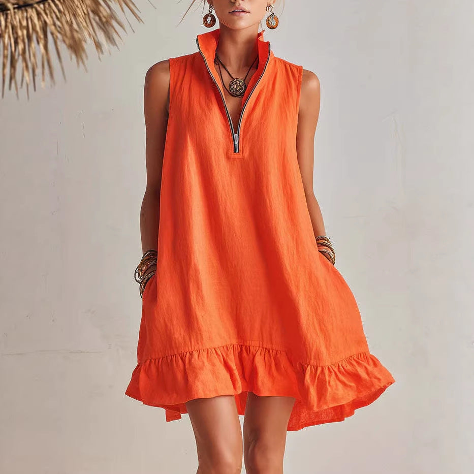 New Stylish Casual Loose Half-Zip Sleeveless Dress With Ruffle Hem 