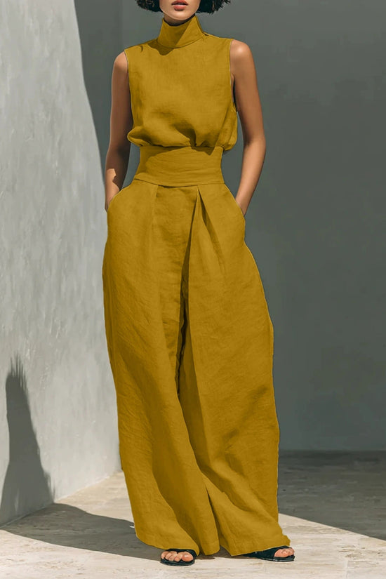Women’s Cotton Linen Two-Piece Set – Sleeveless Top & Wide-Leg Pants 
