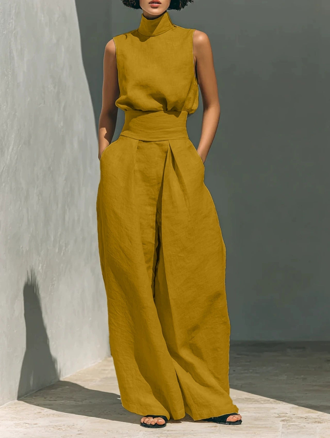 Women’s Cotton Linen Two-Piece Set – Sleeveless Top & Wide-Leg Pants 