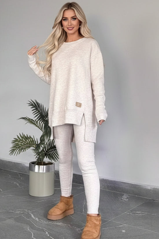 Women's 2-Piece Lounge Set, Casual Long Sleeve Side Slit Sweatshirt Outfit With Stretchy High Waist Leggings CJ US