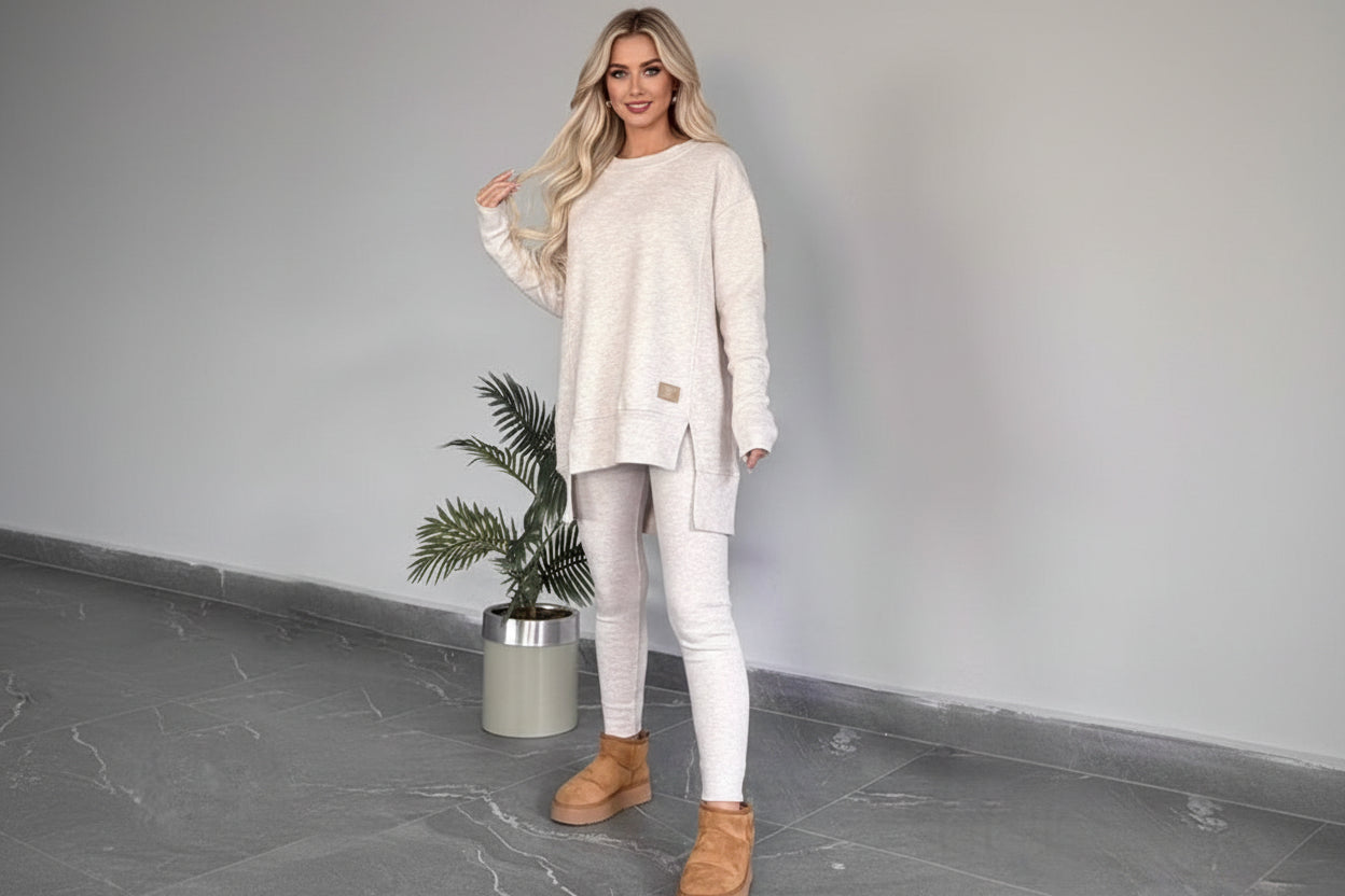 Women's 2-Piece Lounge Set, Casual Long Sleeve Side Slit Sweatshirt Outfit With Stretchy High Waist Leggings CJ US