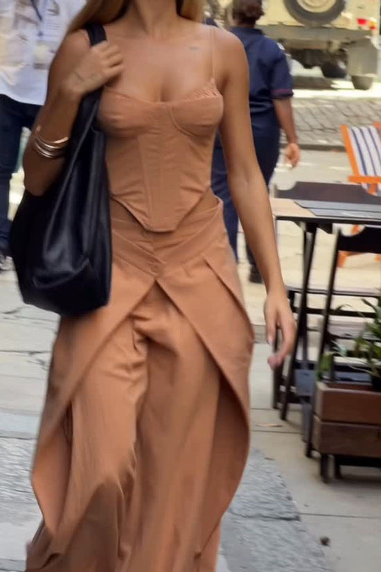 Women's Camel 2-Piece Set - Spaghetti Strap Corset Top & Wrap Waist Wide Leg Pants 