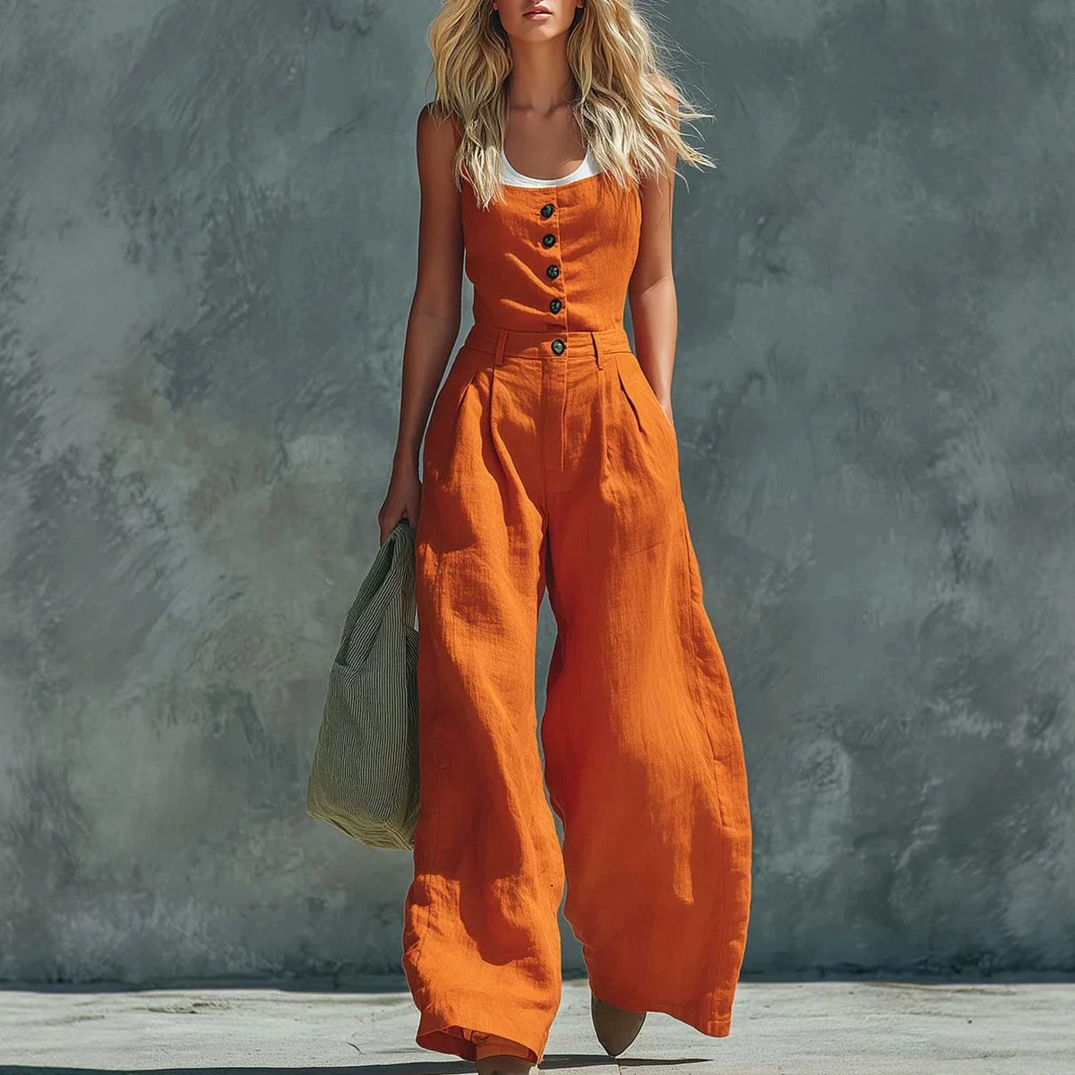 Womens Retro High-Waisted Wide-Leg Jumpsuit 