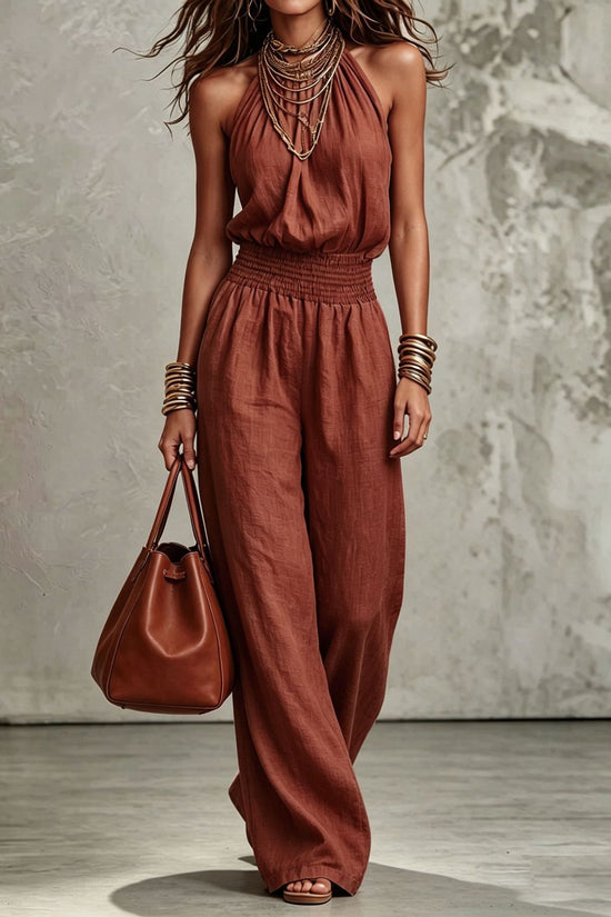 Womens Sleeveless Backless Cinched Waist Lace-up Halter Wide-leg Jumpsuit 