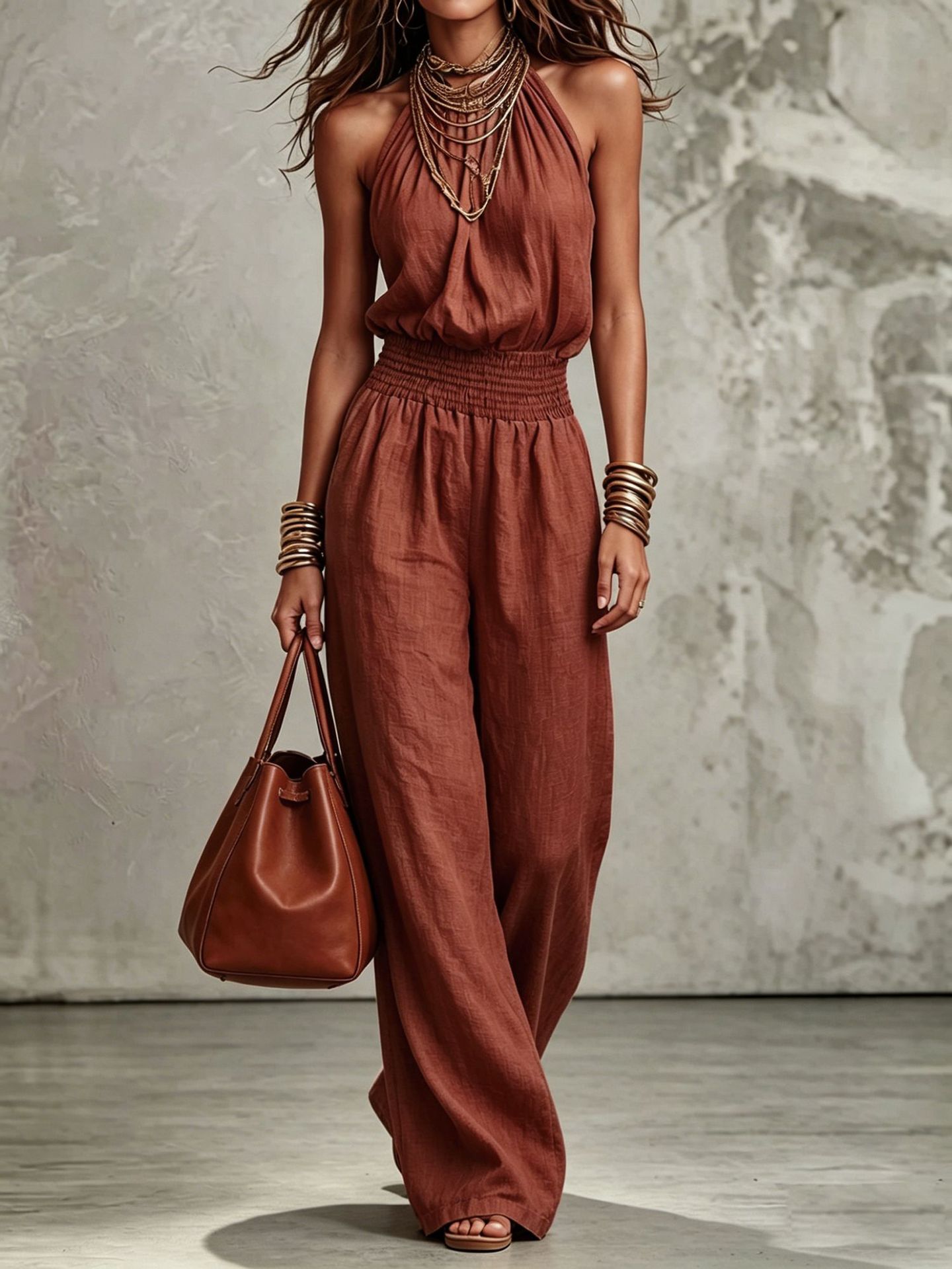 Womens Sleeveless Backless Cinched Waist Lace-up Halter Wide-leg Jumpsuit 