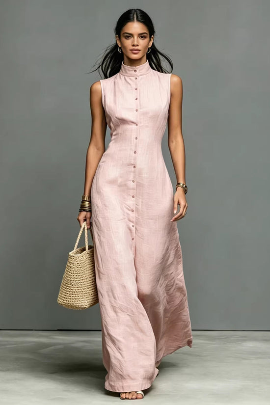 Blended Fabric Stand-up Collar Single-breasted Sleeveless Maxi Dress 