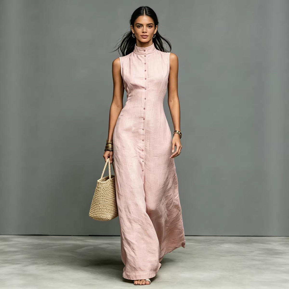 Blended Fabric Stand-up Collar Single-breasted Sleeveless Maxi Dress 