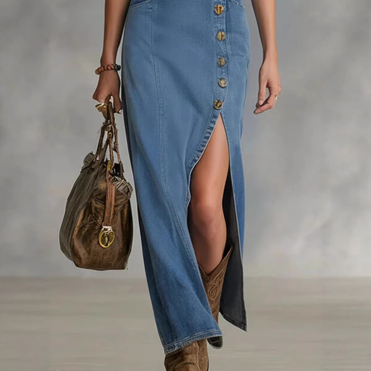 Button-front Sleeveless Denim Dress Vintage Style 