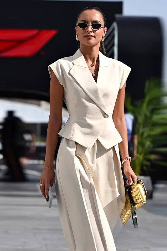 Beige Elegant Sleeveless Waist-Cinching Suit Set 