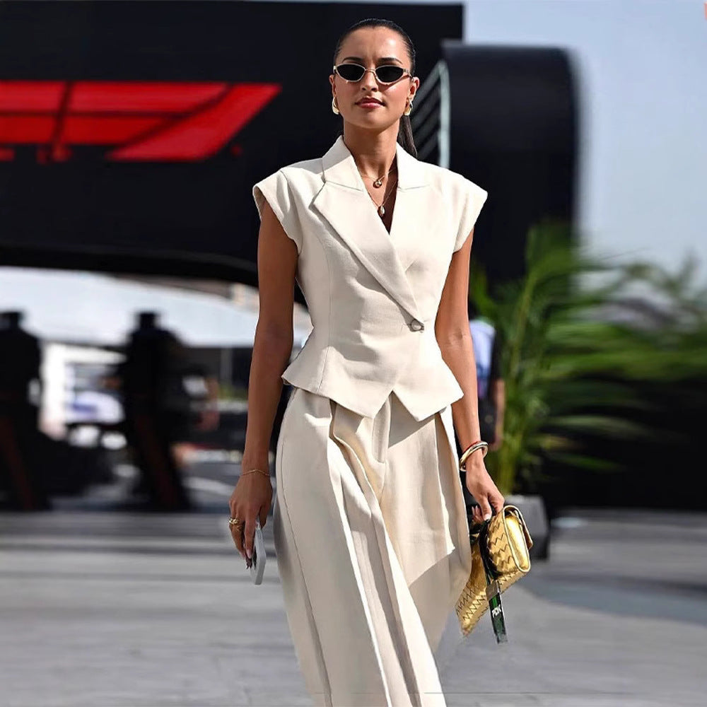 Beige Elegant Sleeveless Waist-Cinching Suit Set 