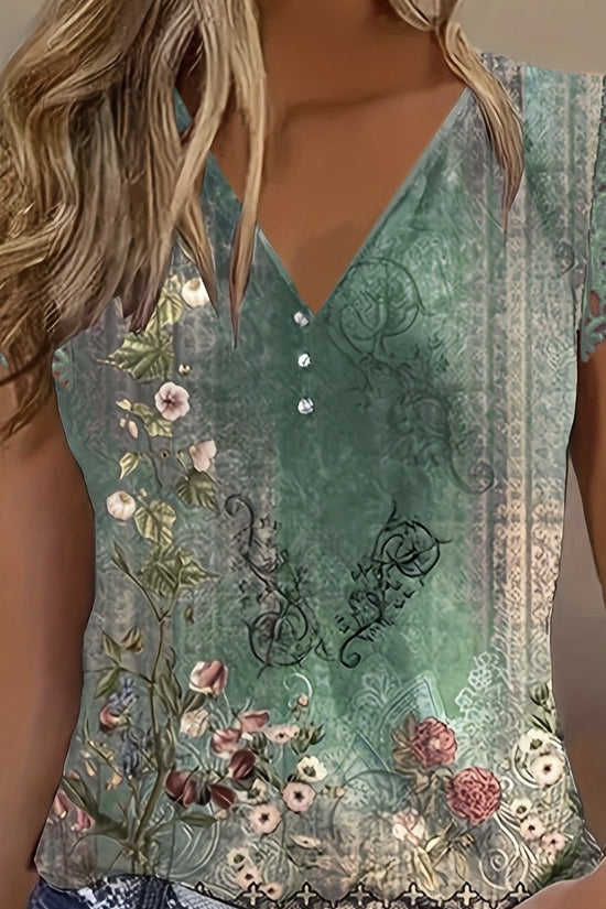 Women’s Floral Lace Sleeve Top – Elegant Short Sleeve Blouse CJ