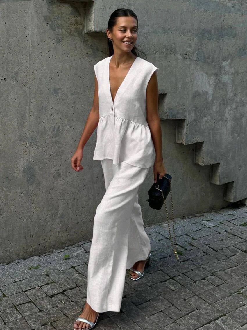 Womens Cotton V-Neck Sleeveless Vest And Wide-Leg Pants Set 