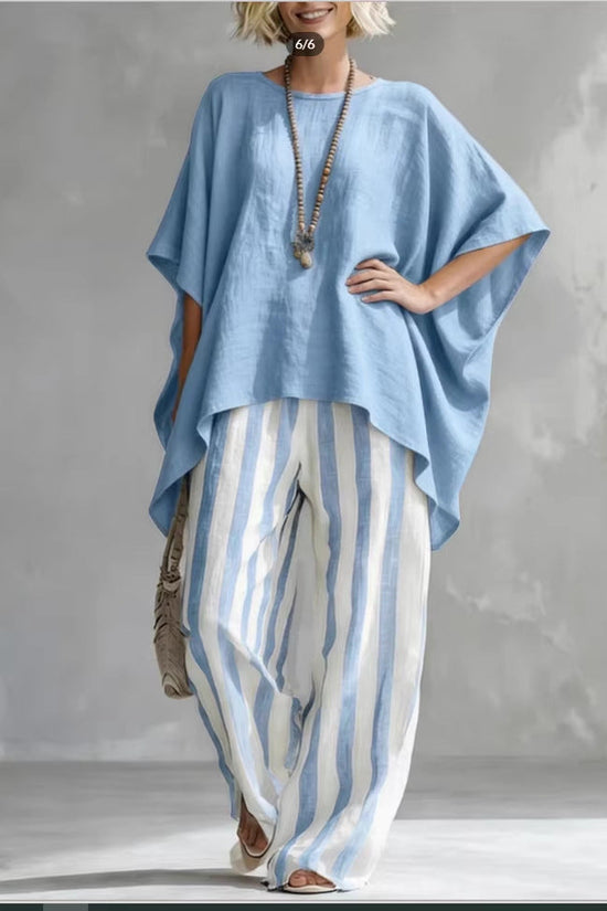 New Striped Batwing-Sleeve Loose Cotton-Linen Two-Piece Set 