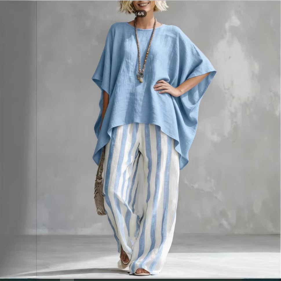 New Striped Batwing-Sleeve Loose Cotton-Linen Two-Piece Set 