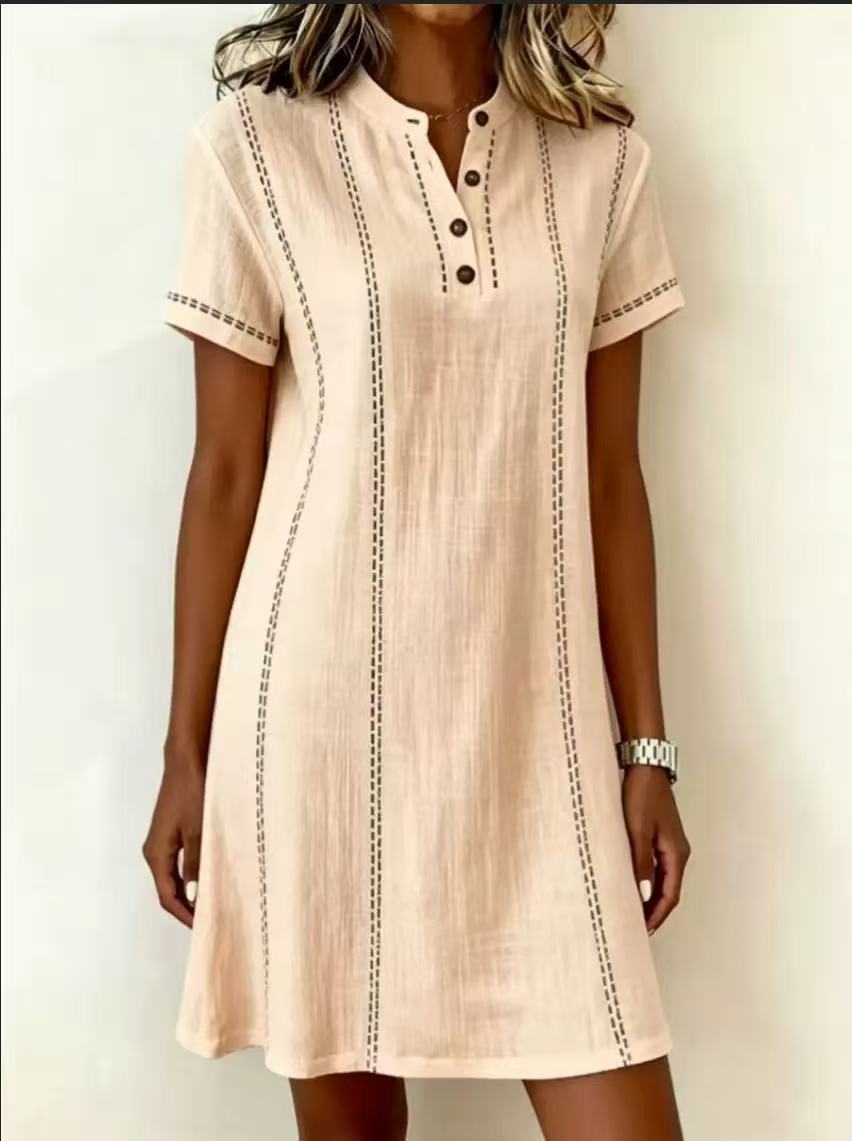 Loose-fitting Casual Printed Button-up Stand-collar Dress 