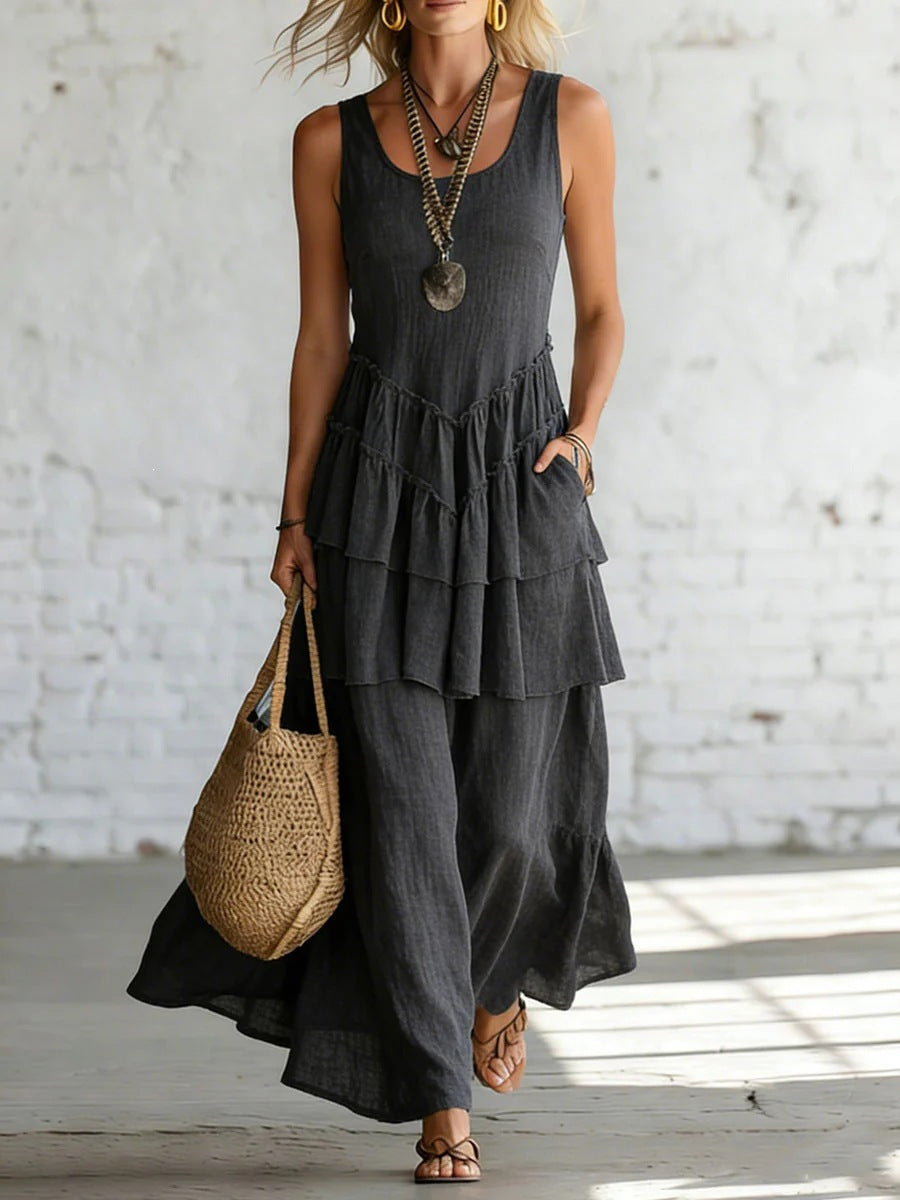 Cotton-linen Loose-fit Maxi Dress With A Sleeveless Design 