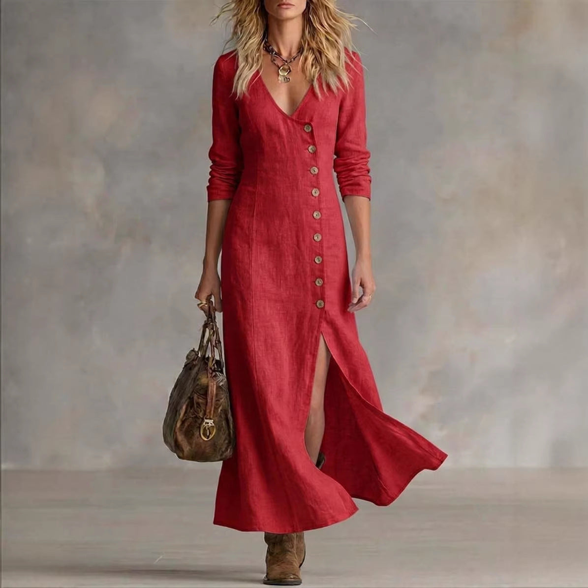 Fashionable Casual Cotton-Linen Long-Sleeve Womens Dress 