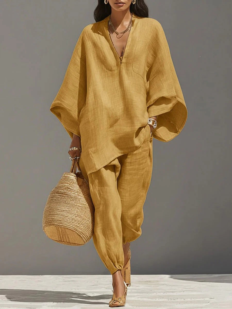 Casual Relaxed Loose-Fitting Solid-Color Shirt Set 