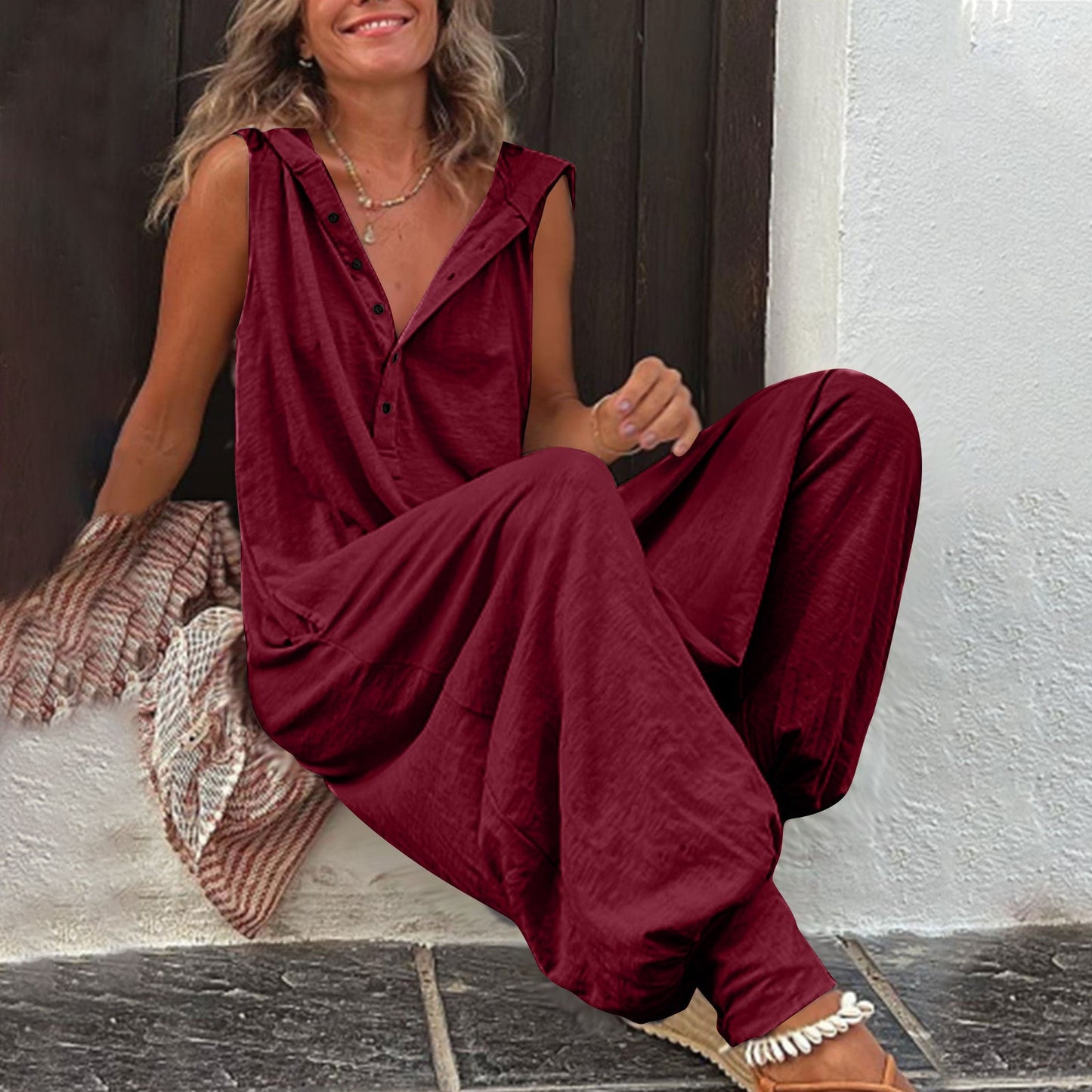 Buttoned Hooded Sleeveless Pants For Women 