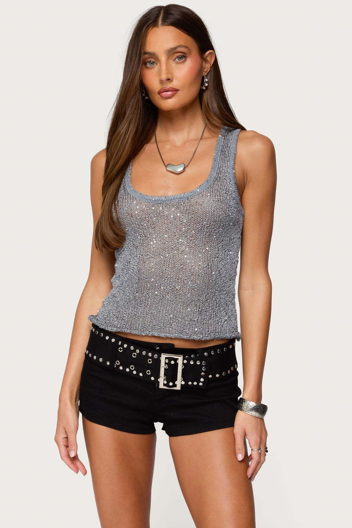 Shiny Deep V Solid Color Tank Top Fashionable Sexy Sheer Top 