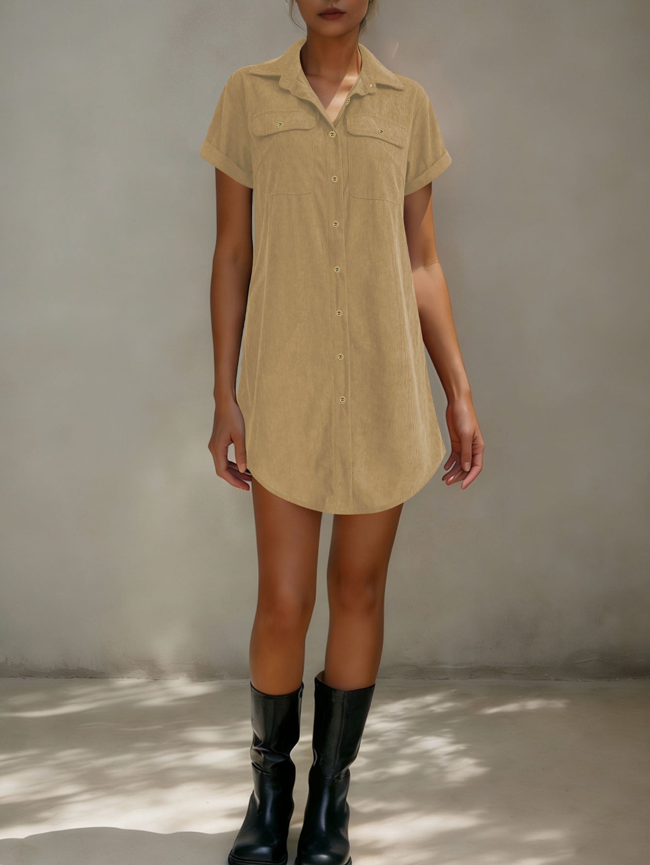 Retro Casual Corduroy Shirt Dress Loose Short-Sleeve Dress 