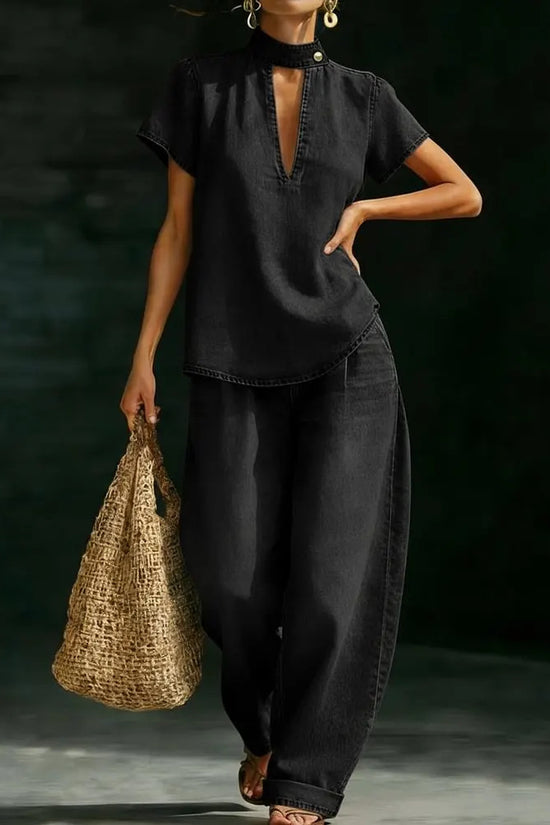 Solid-color Short-sleeve Casual Loose-fit Faux Denim Two-piece Set 