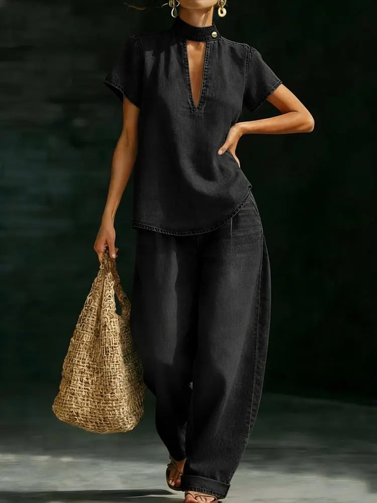 Solid-color Short-sleeve Casual Loose-fit Faux Denim Two-piece Set 