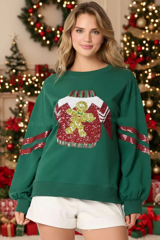 Women's Christmas Sequined Round Neck Top Casual Sweatshirt CJ