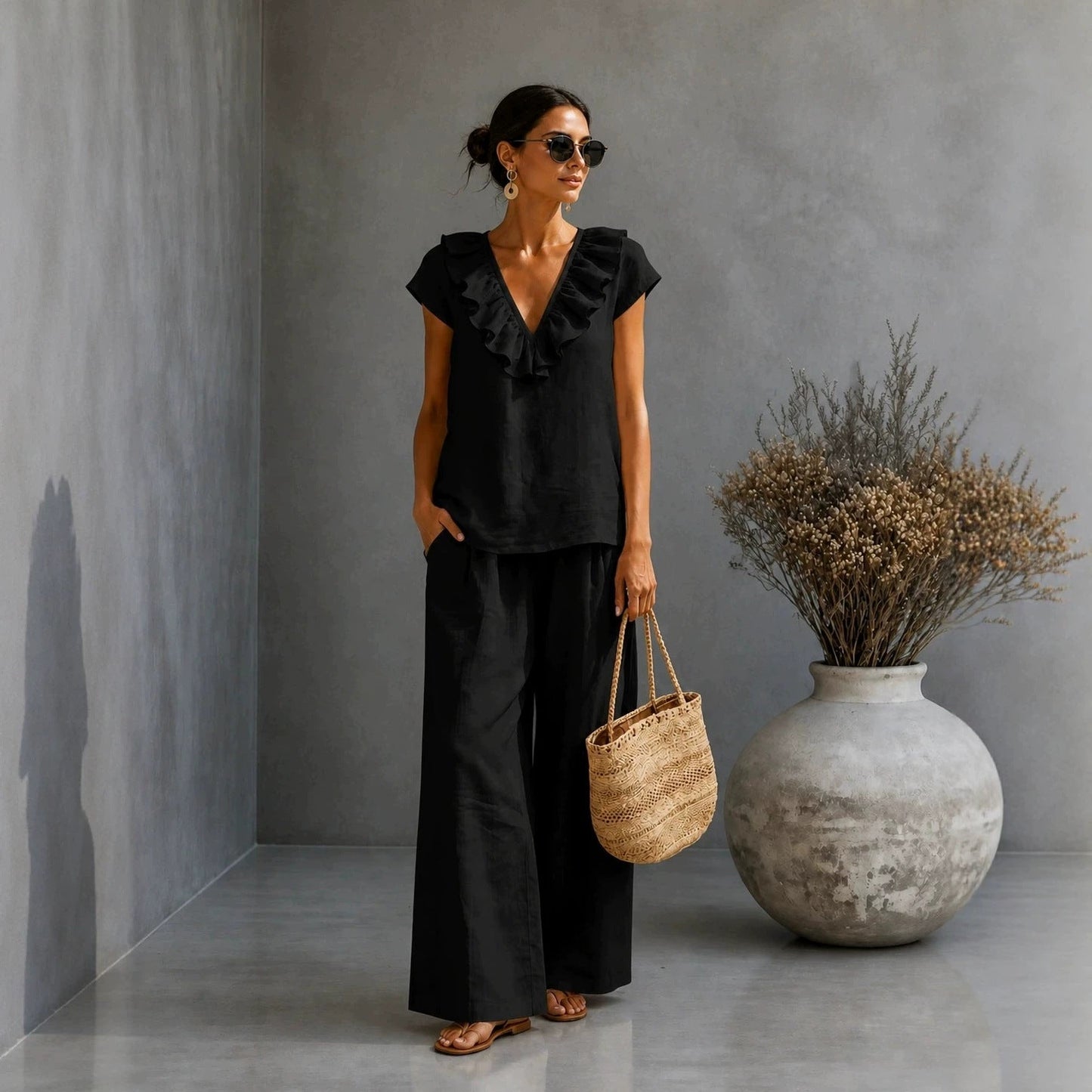 Women's V-neck Ruffled Hem Wide-leg Pants Set 