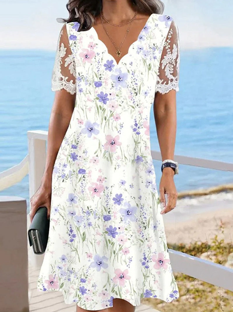 Lace Short-sleeve Floral Dress Women's Clothing 
