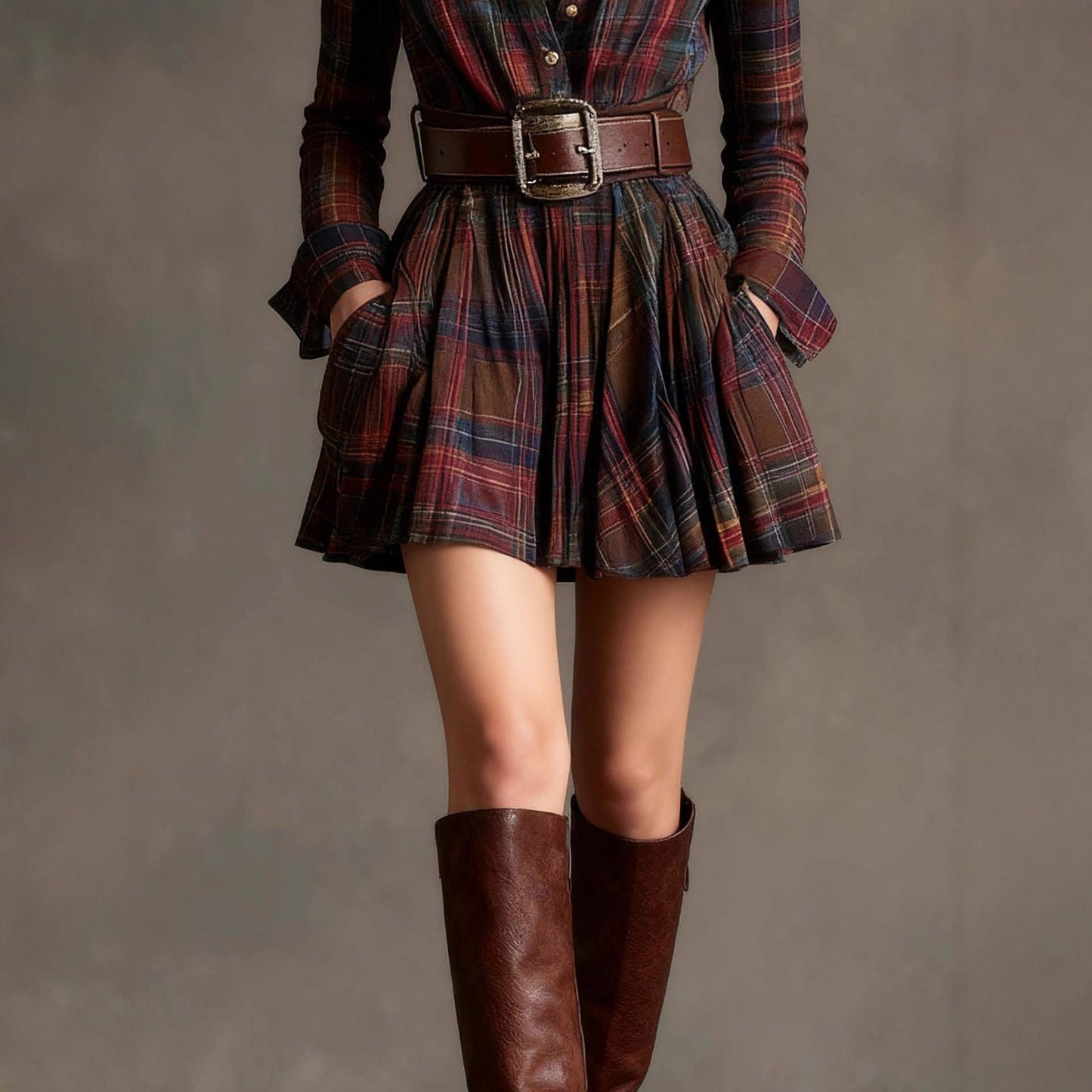 European And American Elegant Plaid Long Sleeve Short Dress Belt 