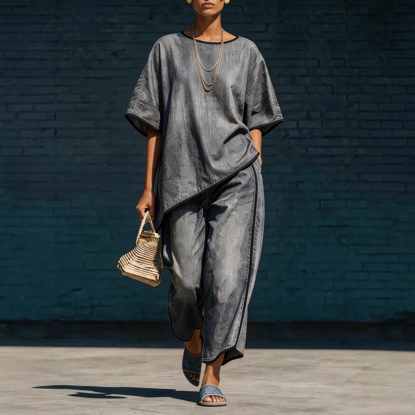 Elegant Casual Denim-Style Loose Wide-Leg Pants Two-Piece Set 