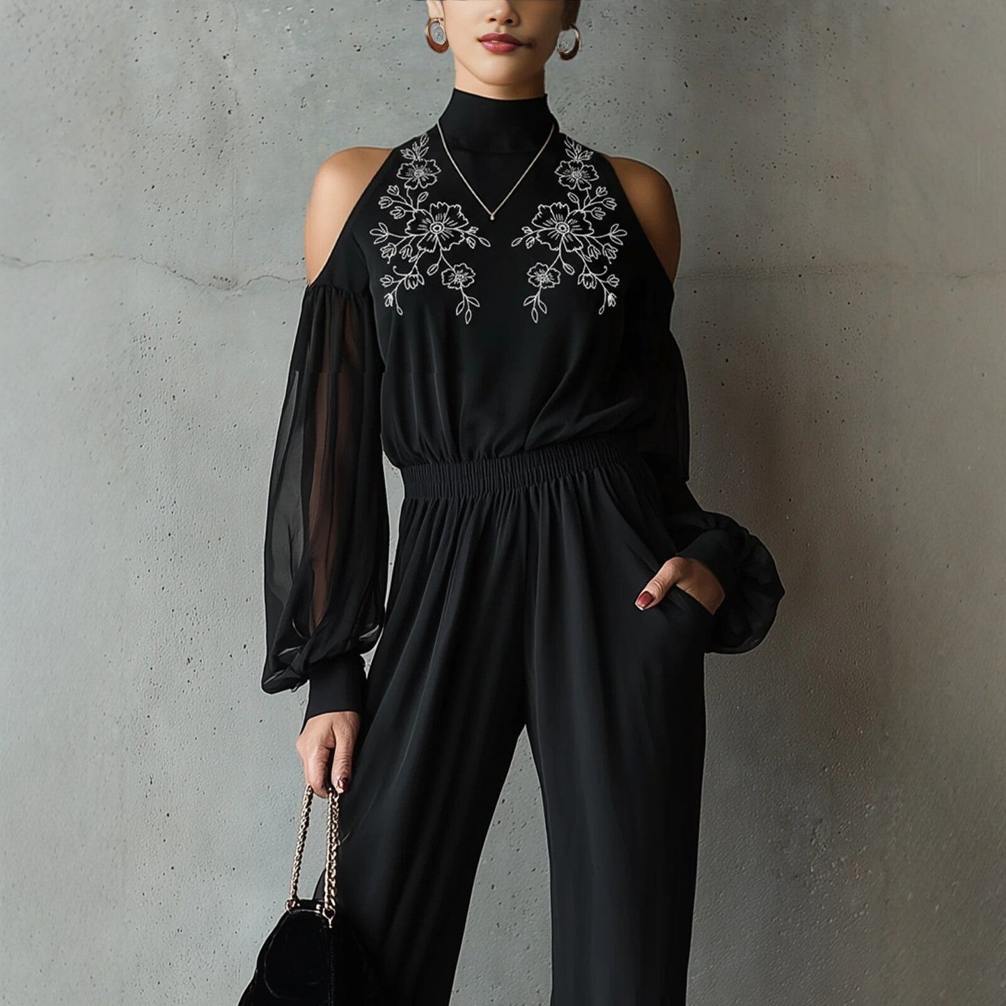 Black Embroidered Womens Long-Sleeve Wide-Leg Jumpsuit 