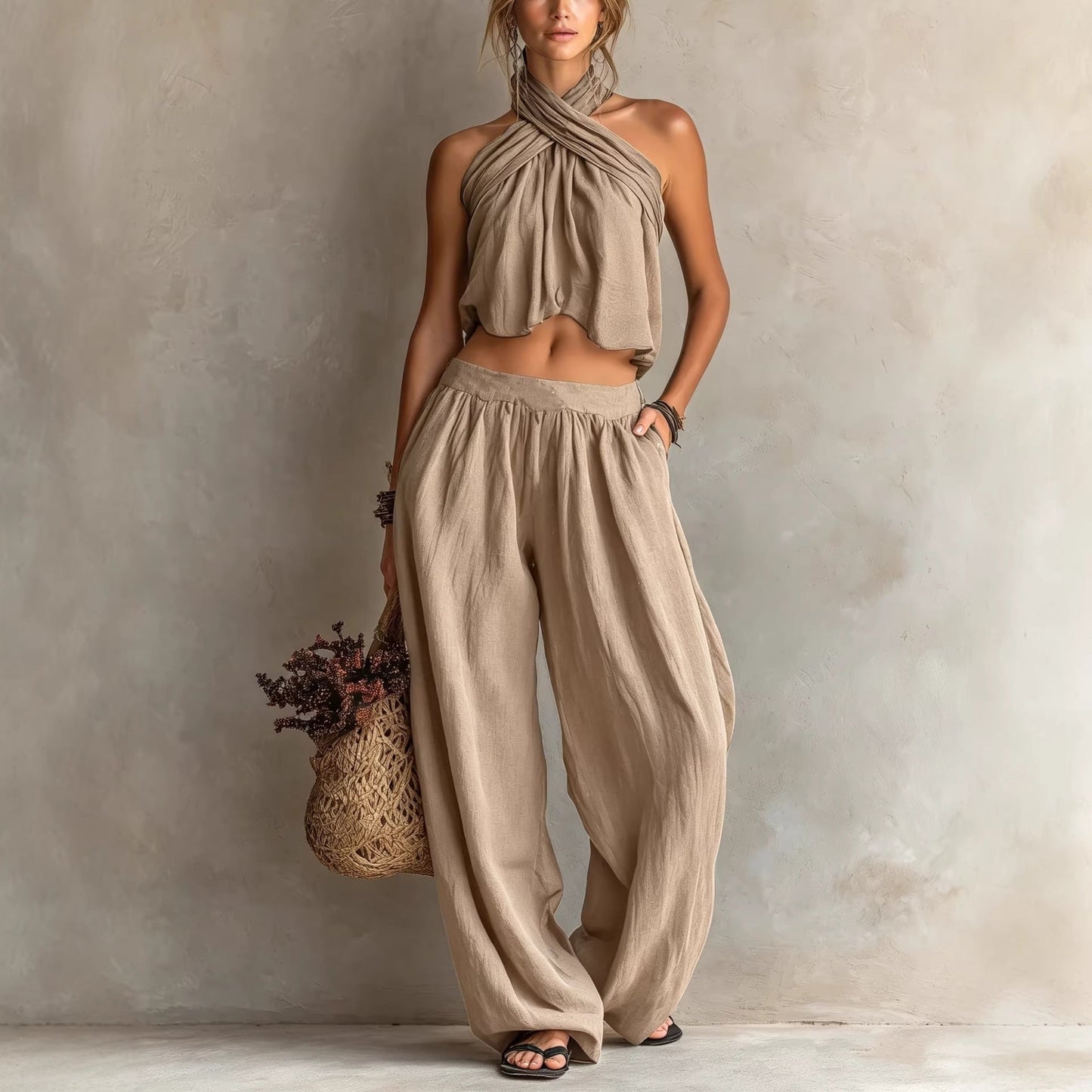 Womens Loose-Fit Sleeveless Top And Wide-Leg Pants Two-Piece Set 