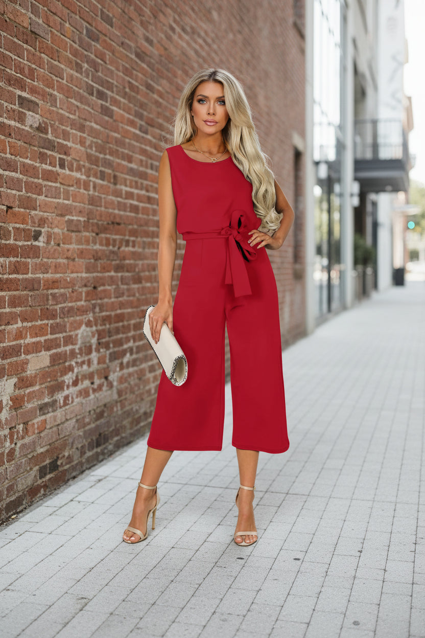 Belted V-Neck Short Sleeve Straight-Leg Jumpsuit – 3 Colors, S–2XL 