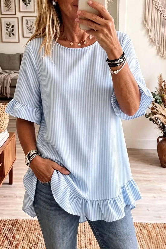 Womens Striped Loose-fit Casual Ruffled-edge Blouse 