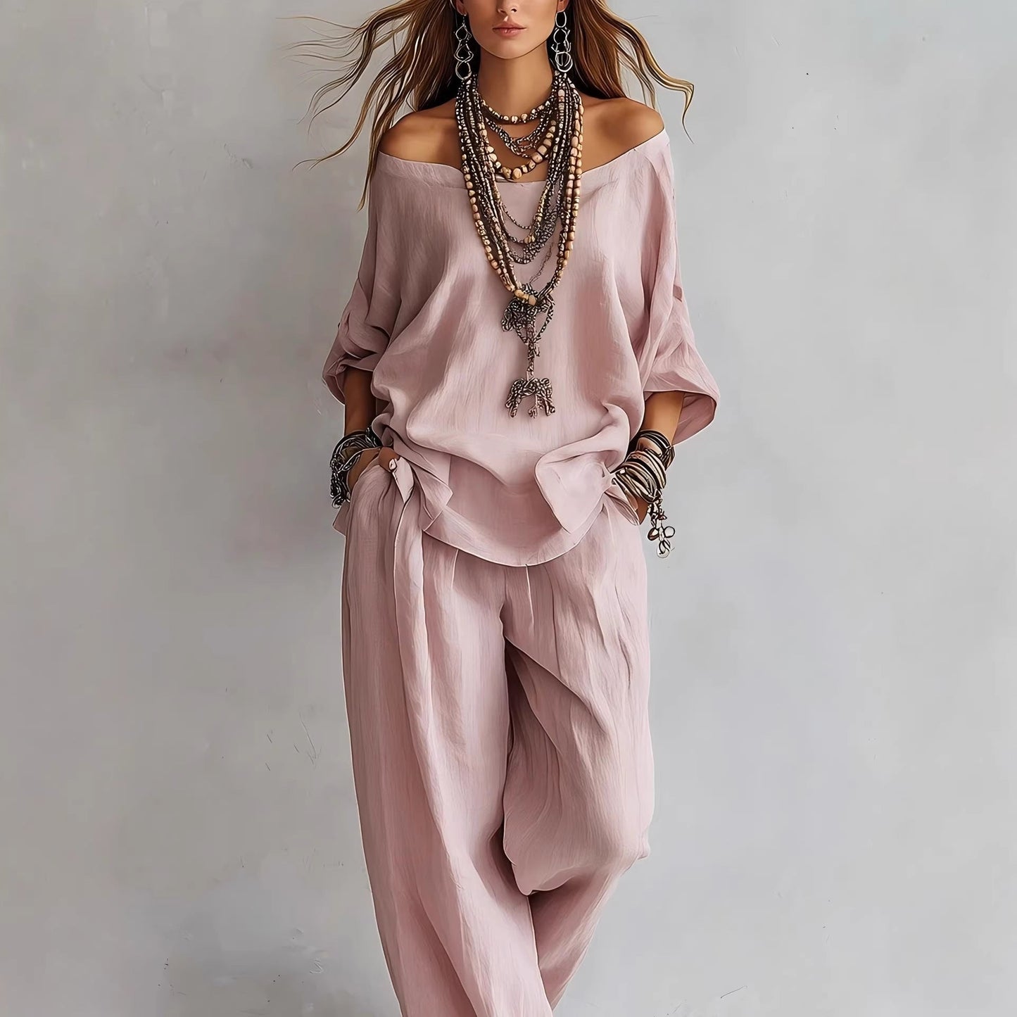 Chiffon Puff-Sleeve Top & Wide-Leg Pants Set – 15 Colors 