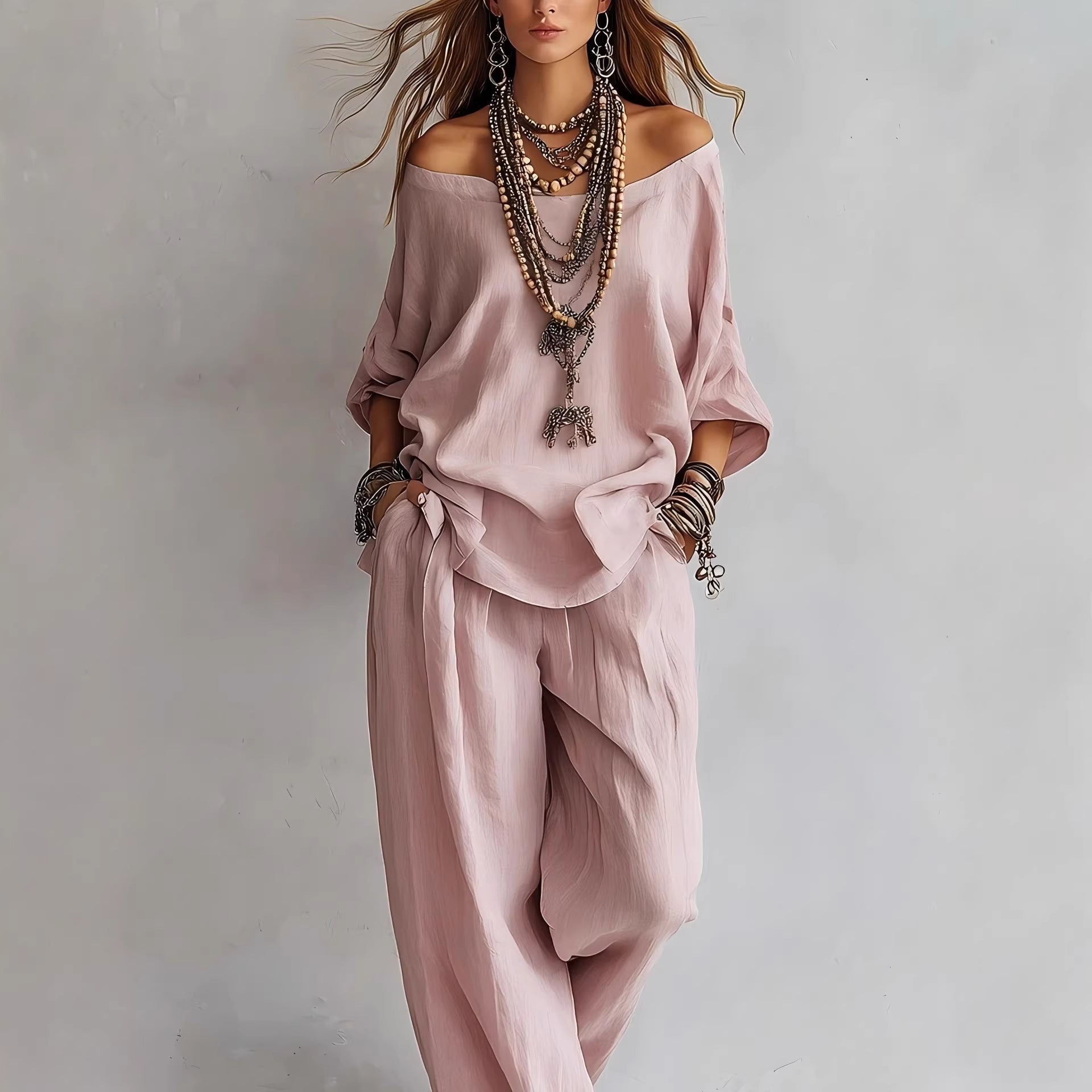 Chiffon Puff-Sleeve Top & Wide-Leg Pants Set – 15 Colors 